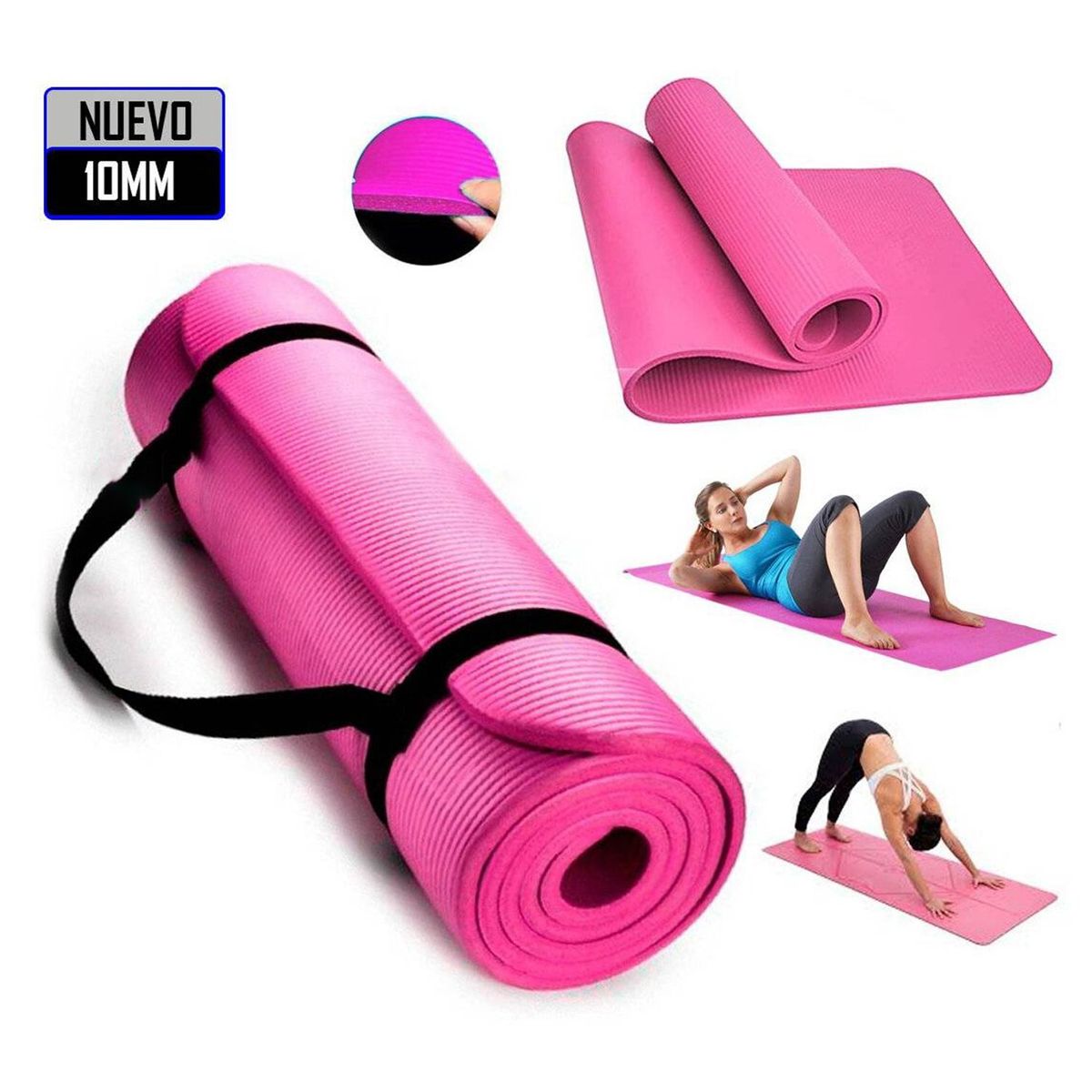 GENERICO - Mat de Yoga Pilates 10 mm con Elástico Portátil Rosado