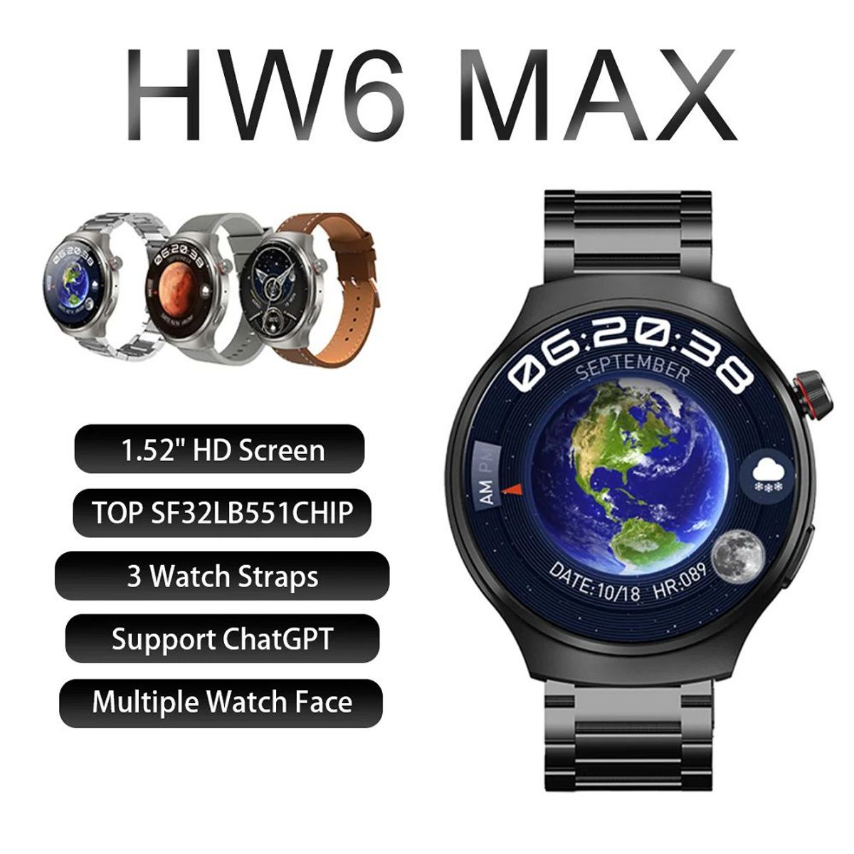 GENERICO - SmartWatch HW6 Max con 3 correas intercambiables - Negro
