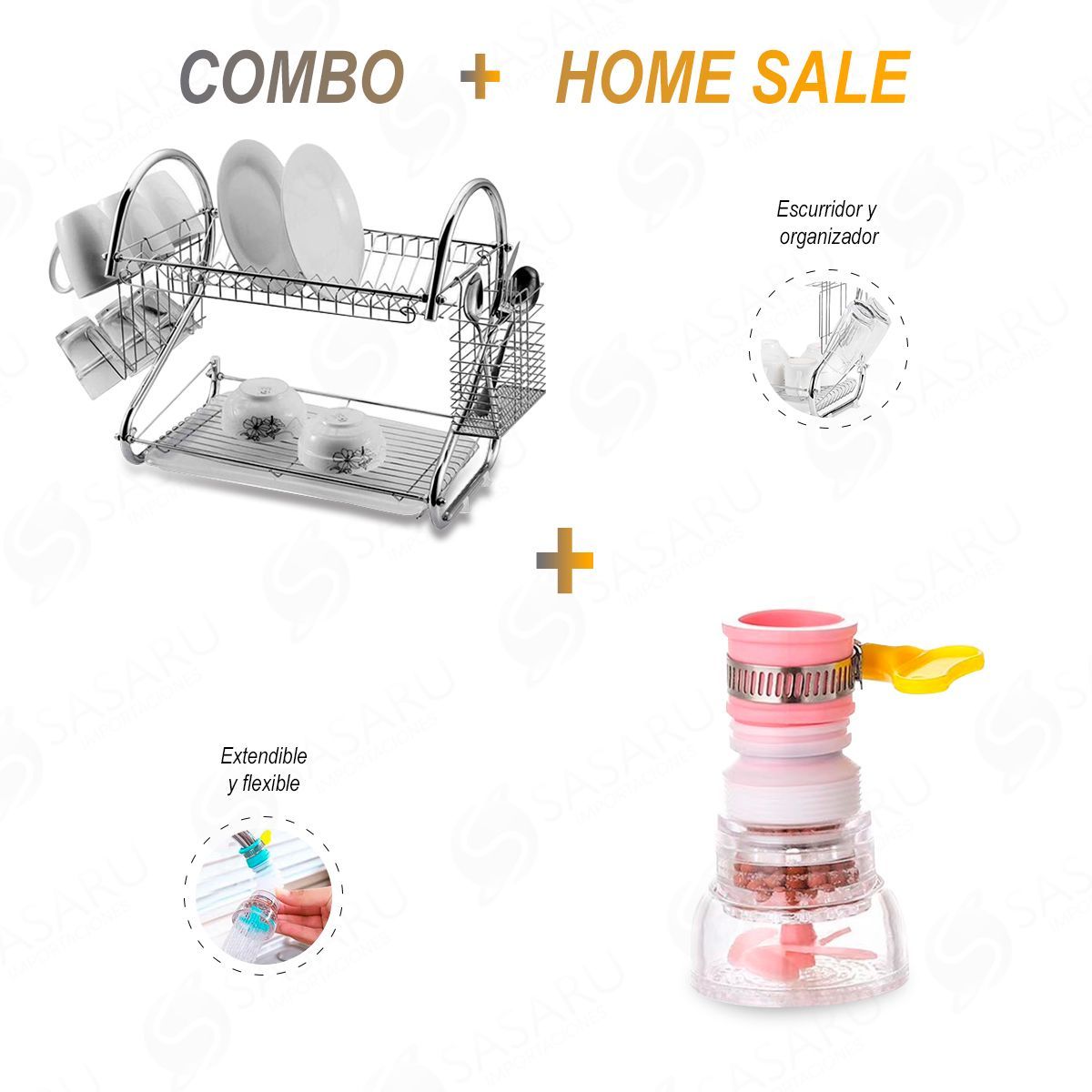 SASARU - Escurridor de Platos 2 Niveles + Accesorio para Grifo
