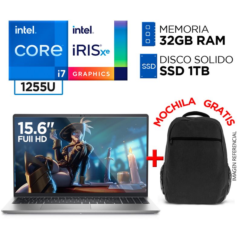 DELL - Laptop Dell Intel Core i7 1255U 32GB 1TB INSPIRON 15 12va Gen 15.6" Full HD IPS + MOCHILA