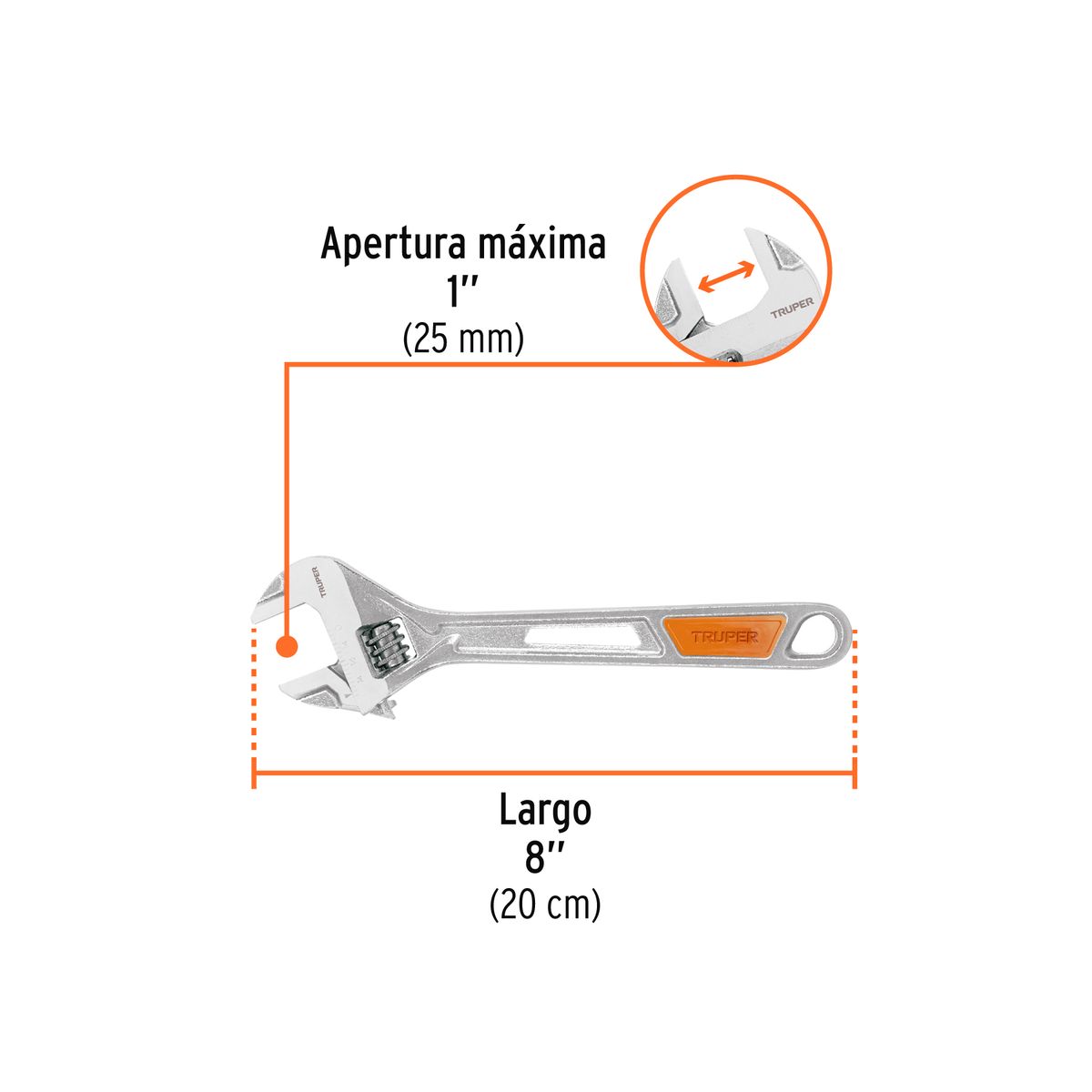 TRUPER - Llave francesa ajustable 8 cromada mango de PVC