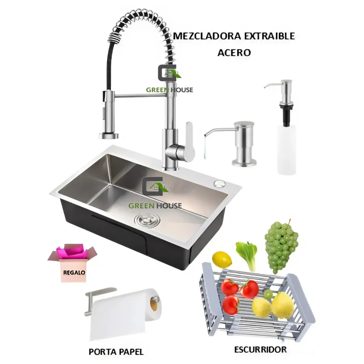 GENERICO - COMBO 60X45X23CM LAVADERO DE COCINA   MEZCLADORA  EXTRAIBLE
