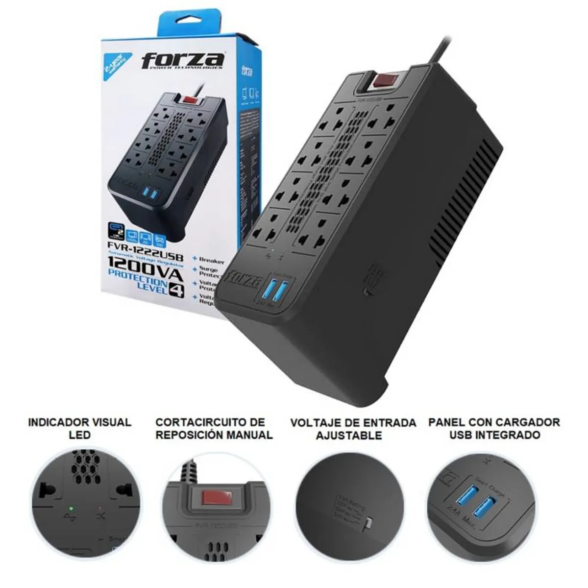FORZA - ESTABILIZADOR FORZA MOD FVR-1222USB 1200VA600W