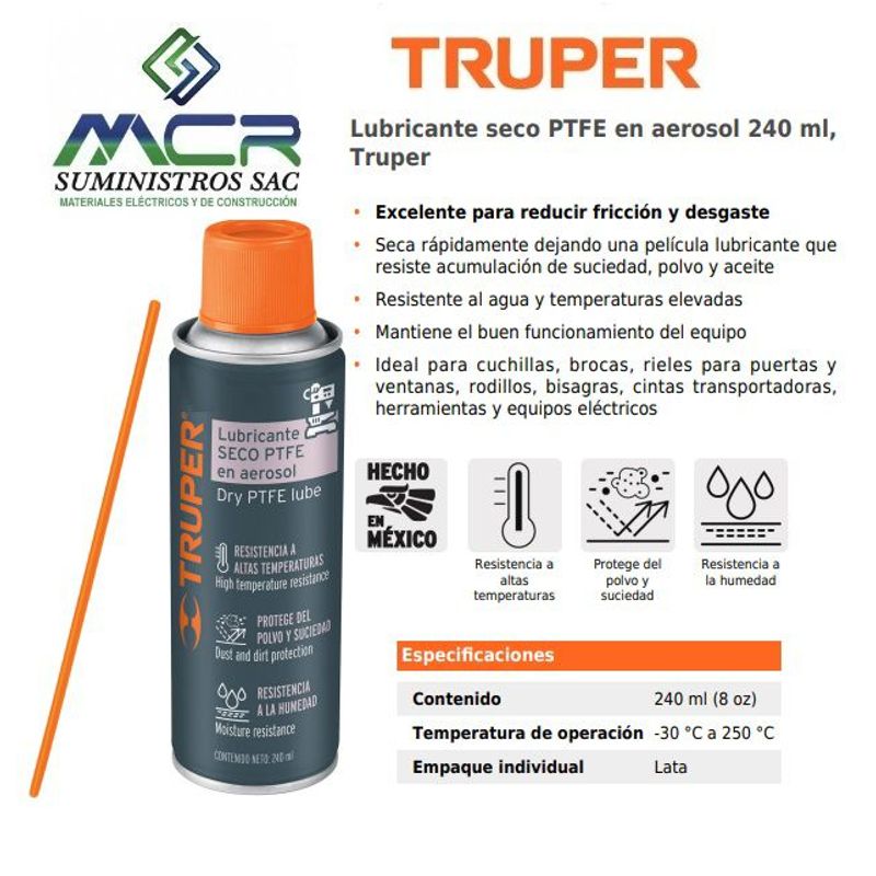 TRUPER - Lubricante seco anticorrosivo PTFE en aerosol 240 ml Truper