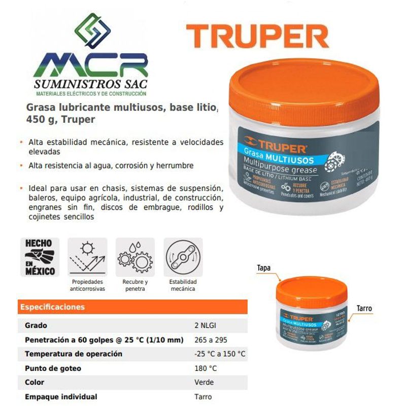 TRUPER - Grasa lubricante multiusos, base litio 450 gTruper