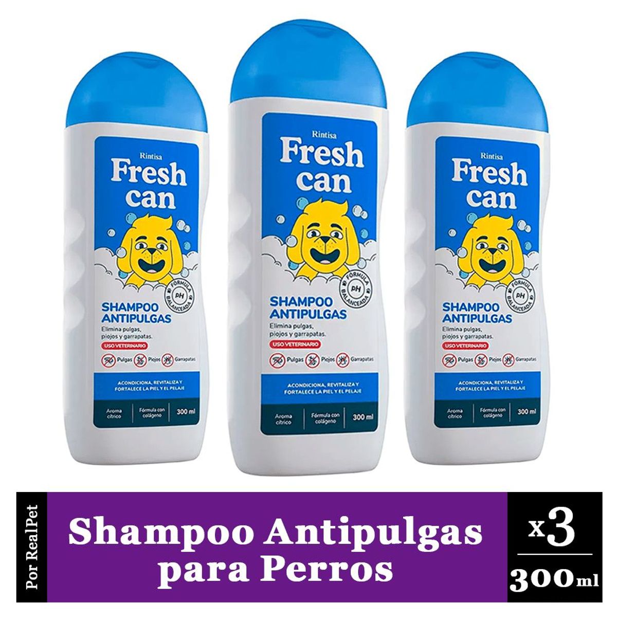 GENERICO - Pack x3 Shampoo para Perros Fresh Can Antipulgas 300 ml
