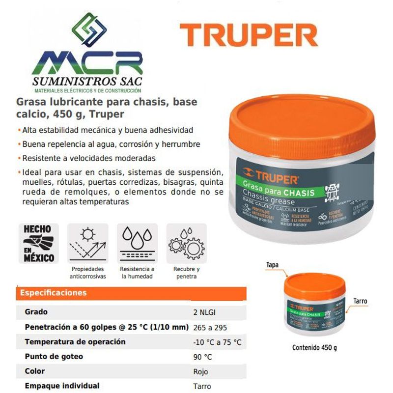 TRUPER - Grasa lubricante para chasis, base calcio 450 g Truper