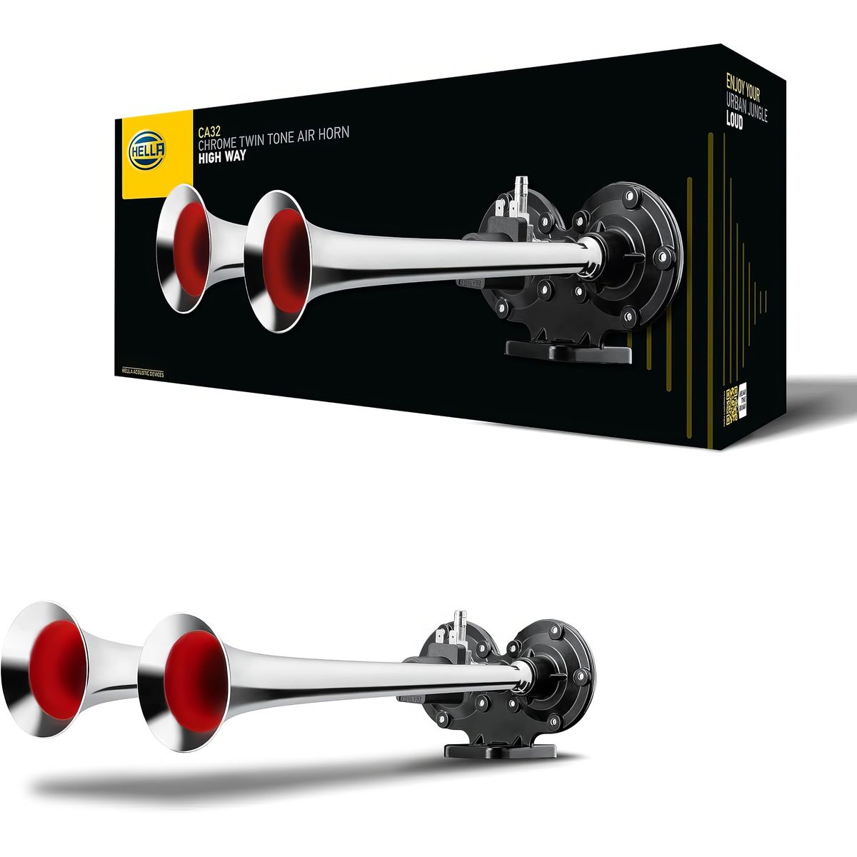 HELLA - Claxon de Aire 24V ≥ 120 dB 370 / 415 Hz 77W  2 Cornetas Cromado Hella