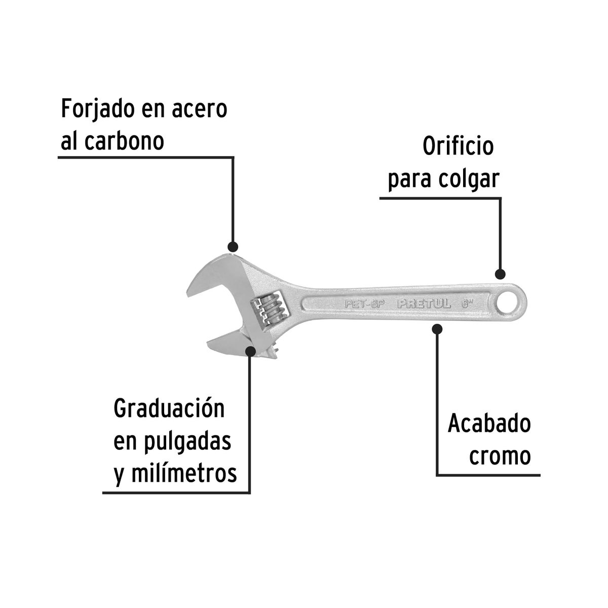 PRETUL - Llave francesa ajustable 6 cromada COD 21814 Pretul