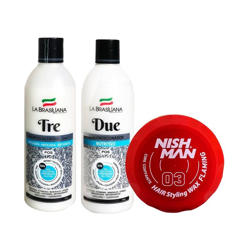 LA BRASILIANA - Shampoo Tre + Reacondicionador Due + Cera Capilar Nishman 03
