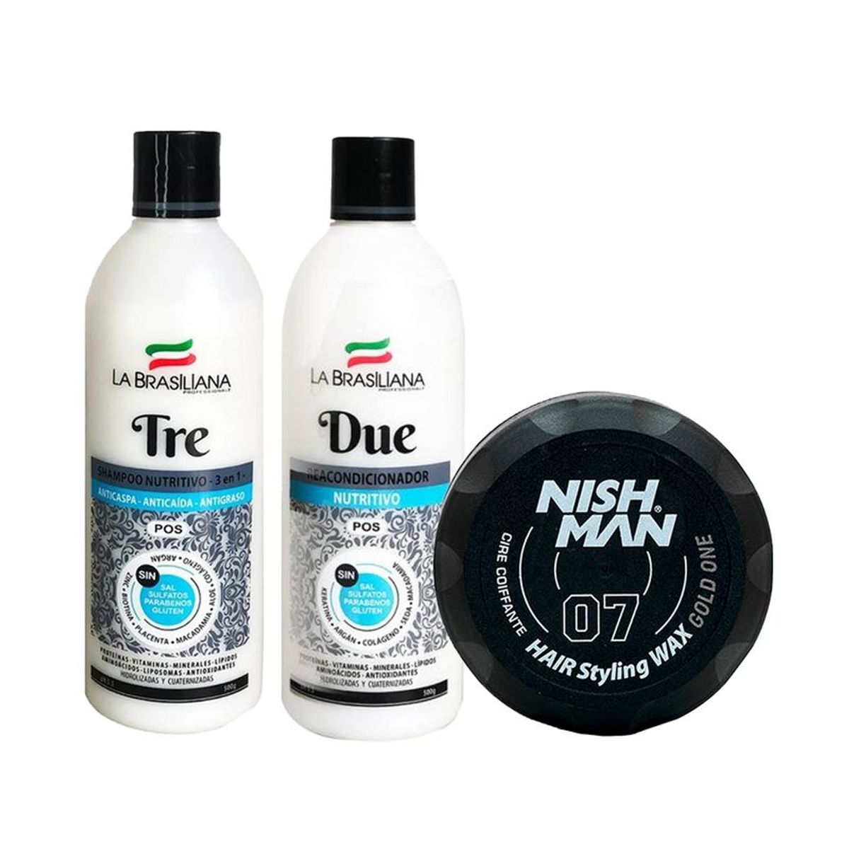 LA BRASILIANA - Shampoo Tre + Reacondicionador Due + Cera Capilar Nishman 07