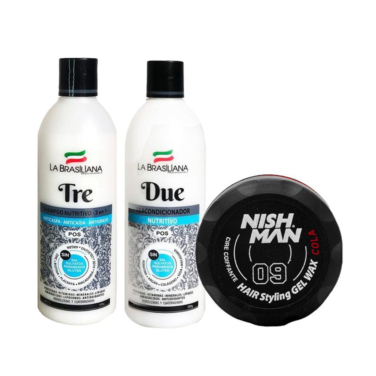 LA BRASILIANA - Shampoo Tre + Reacondicionador Due + Cera Capilar Nishman 09