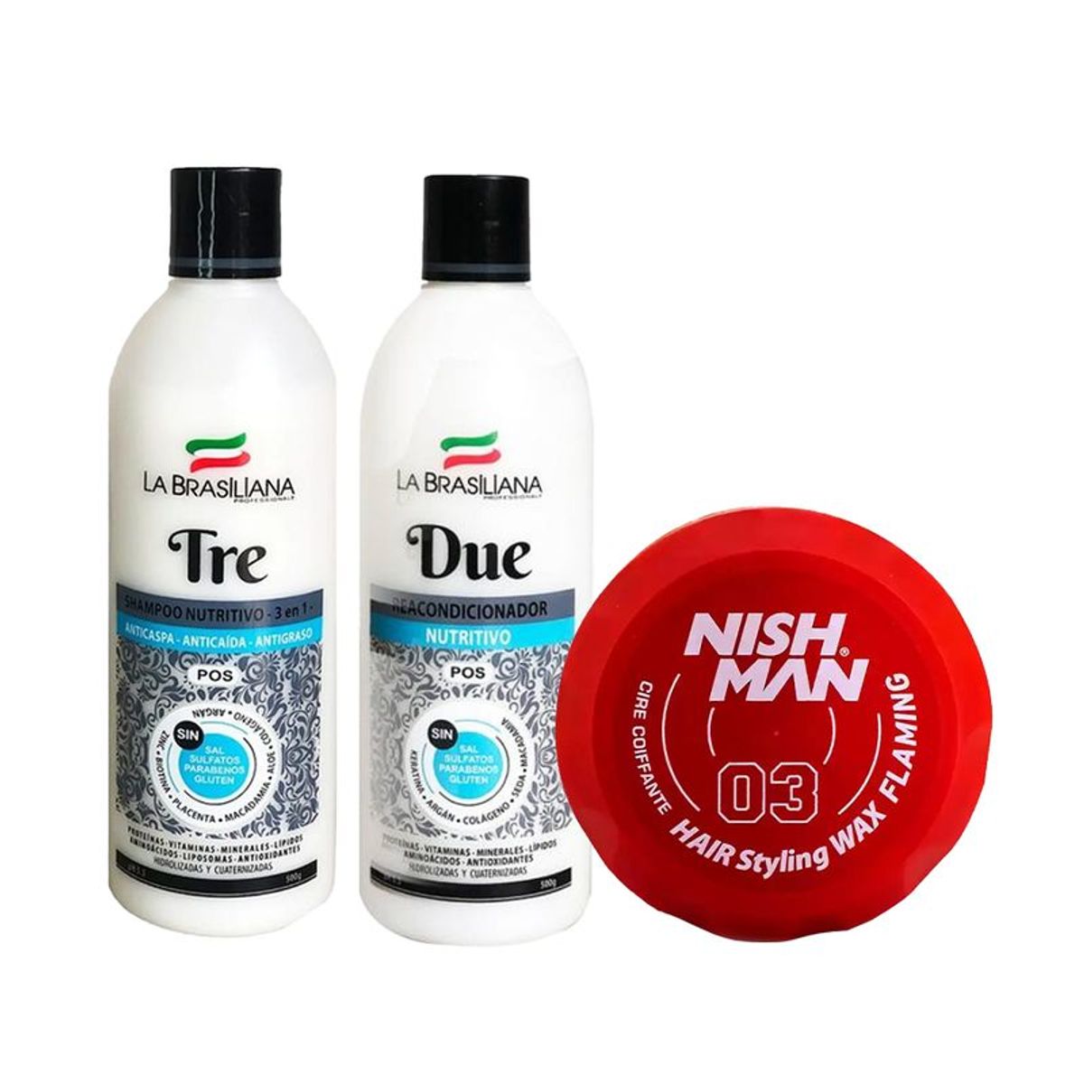 LA BRASILIANA - Shampoo Tre + Reacondicionador Due + Cera Capilar Nishman 03