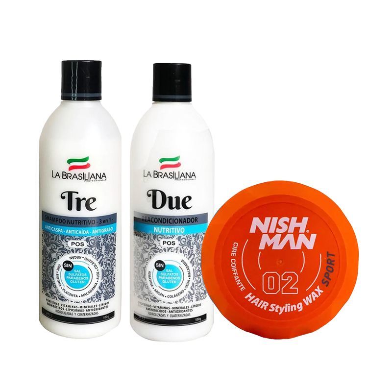 LA BRASILIANA - Shampoo Tre + Reacondicionador Due + Cera Capilar Nishman 02