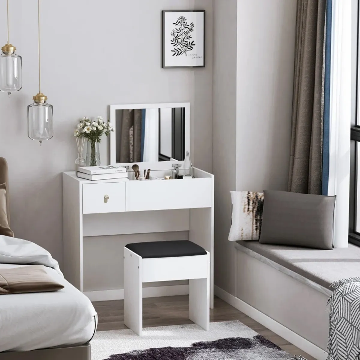 GENERICO - Escritorio Tocador Plegable Blanco 90cm + Silla  Melamina