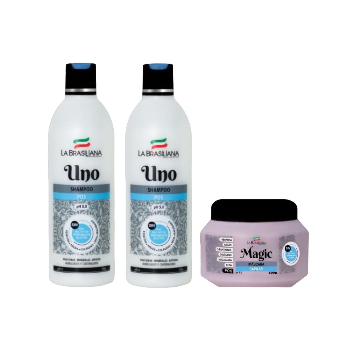 LA BRASILIANA - Pack - 2 Shampoo UNO + Mascara MAGIC POS 500 g. Post Alisado Sin SAL
