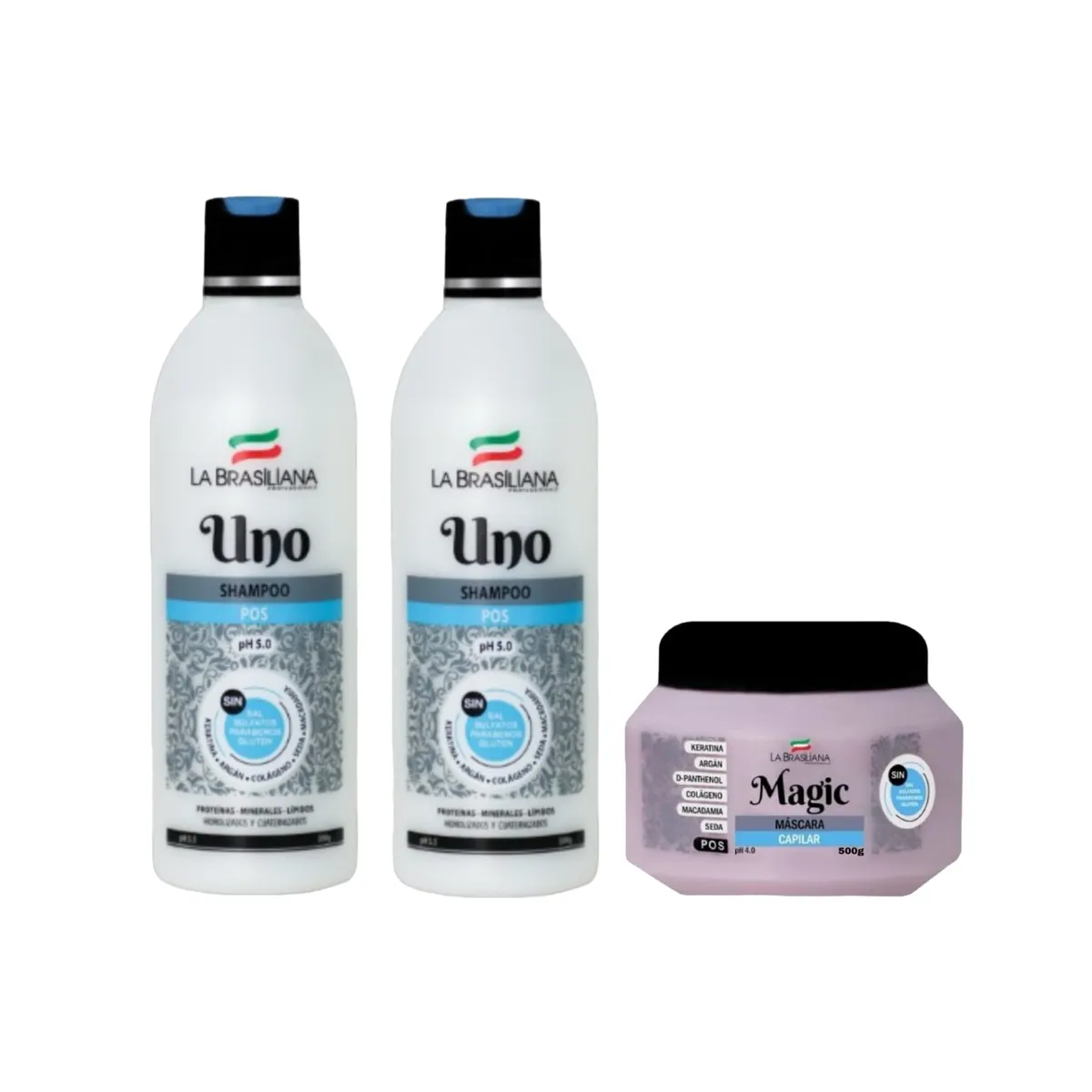 LA BRASILIANA - Pack - 2 Shampoo UNO + Mascara MAGIC POS 500 g. Post Alisado Sin SAL