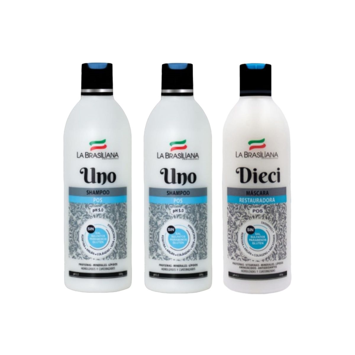 LA BRASILIANA - Pack - 2 Shampoo UNO + Mascara DIECI 500 ml. Post Alisado Sin SAL