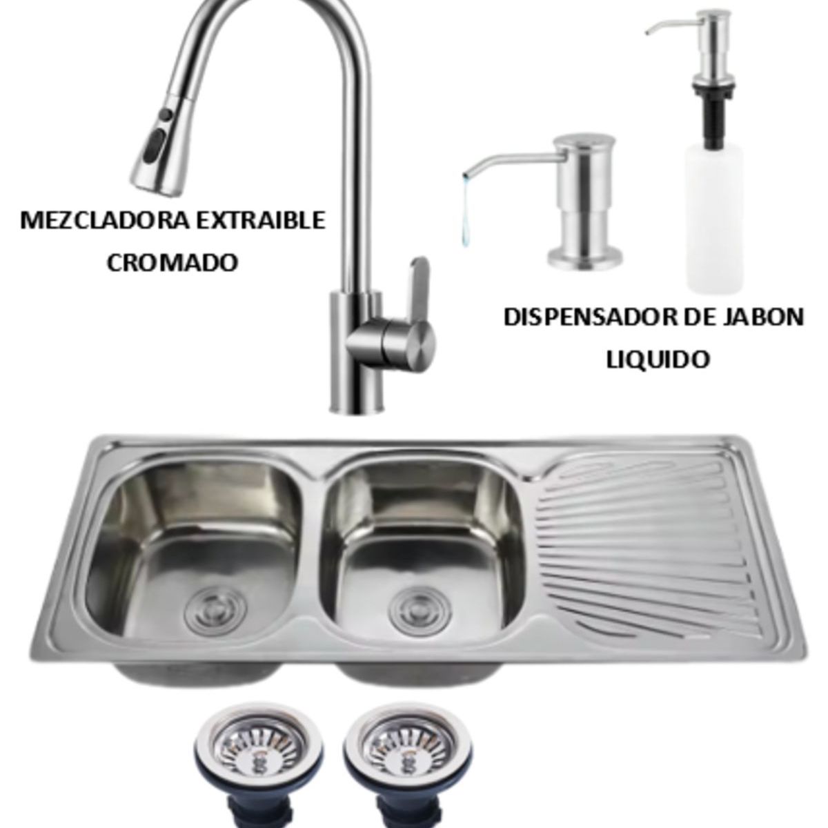GENERICO - COMBO LAVADERO DE COCINA  2 POZAS + MEZCLADORA EXTRAIBLE CROMADO
