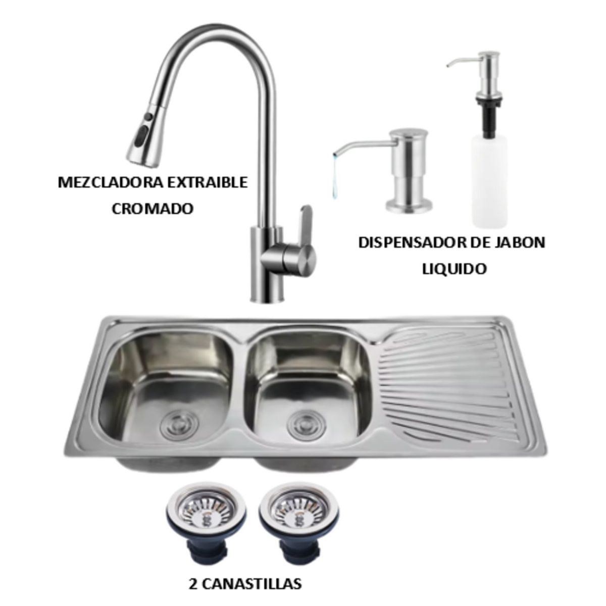 GENERICO - COMBO LAVADERO DE COCINA  2 POZAS + MEZCLADORA EXTRAIBLE CROMADO