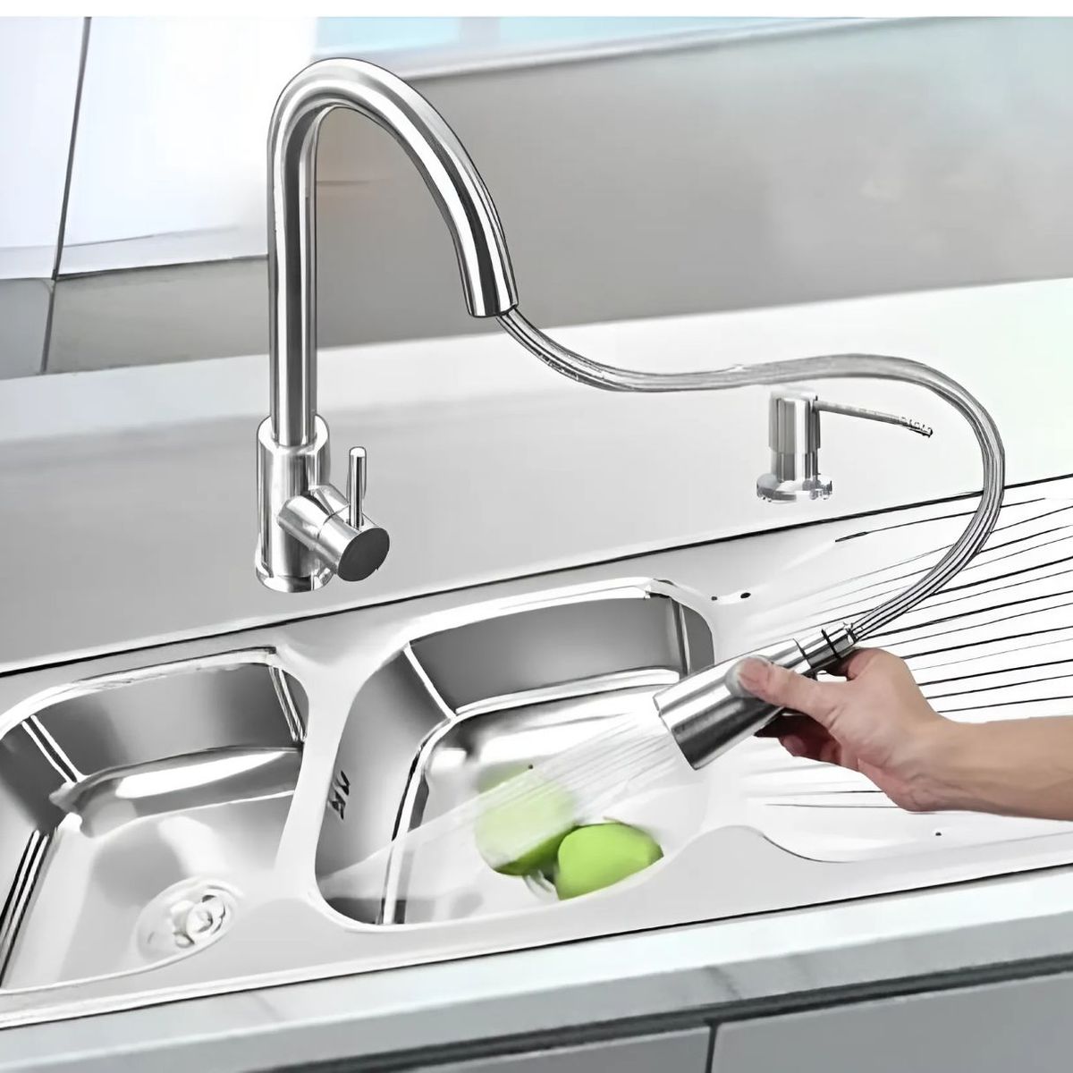 GENERICO - COMBO LAVADERO DE COCINA  2 POZAS + MEZCLADORA EXTRAIBLE CROMADO