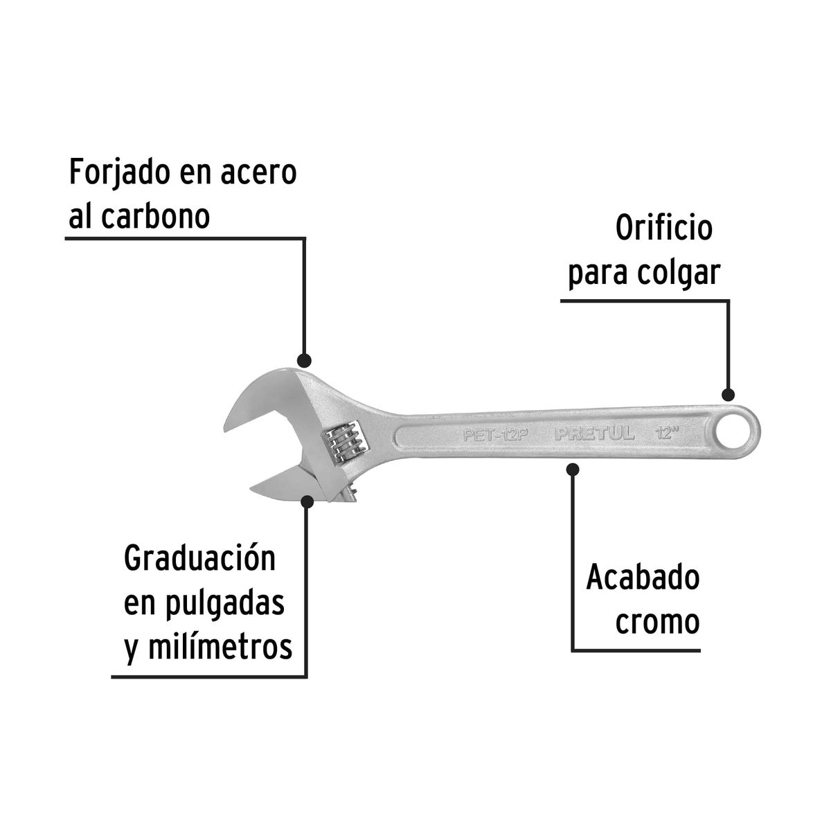 PRETUL - Llave francesa ajustable 12 cromada COD 21817