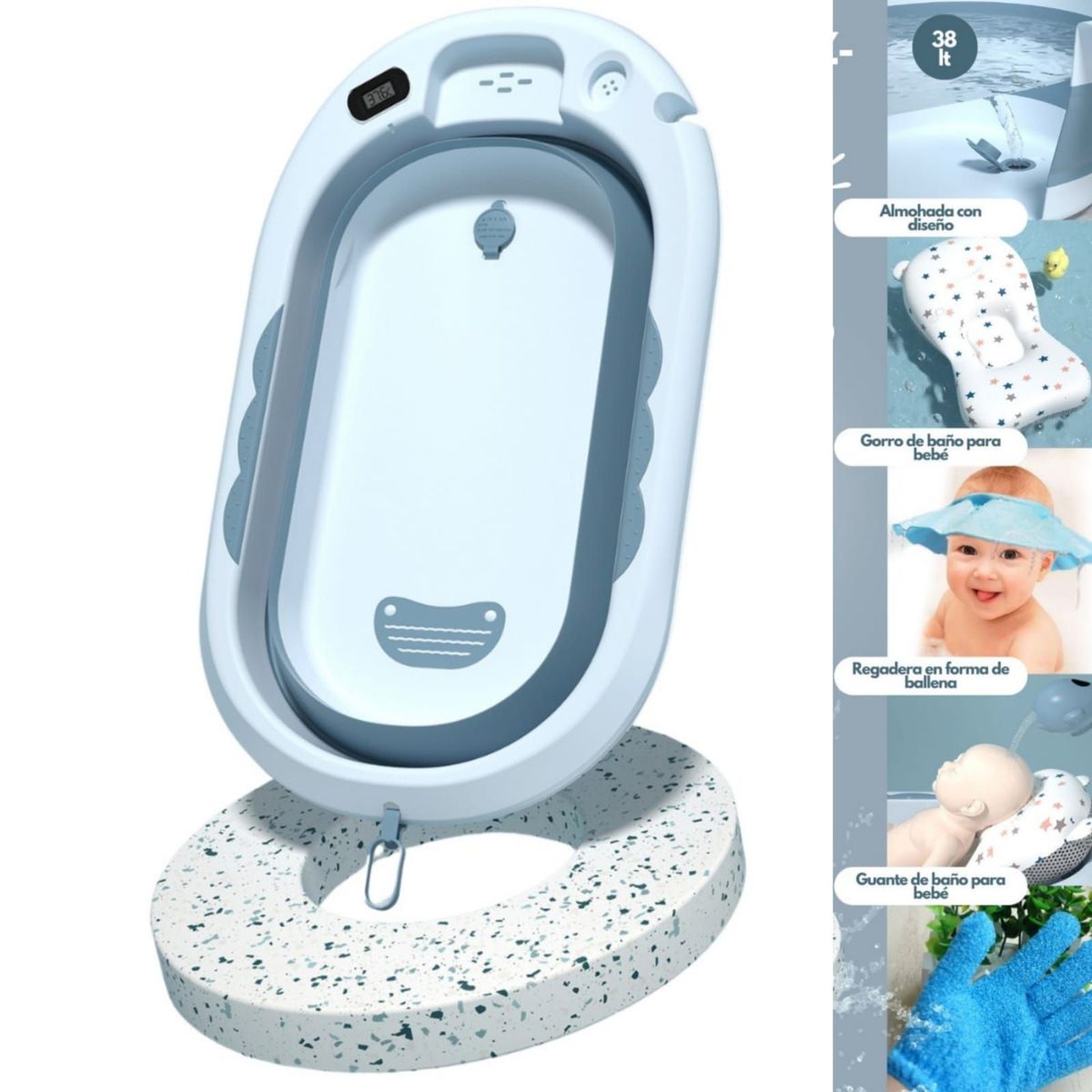 CAM - Bañera para bebe con Termómetro + gorro regadera y guantes