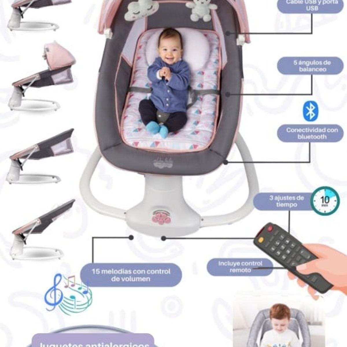 GENERICO - Silla mecedora eléctrica 3 en 1 Babilong Rosa