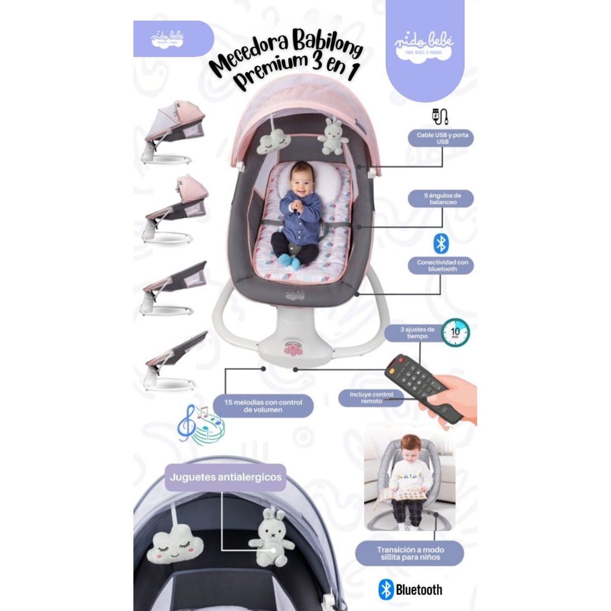 GENERICO - Silla mecedora eléctrica 3 en 1 Babilong Rosa