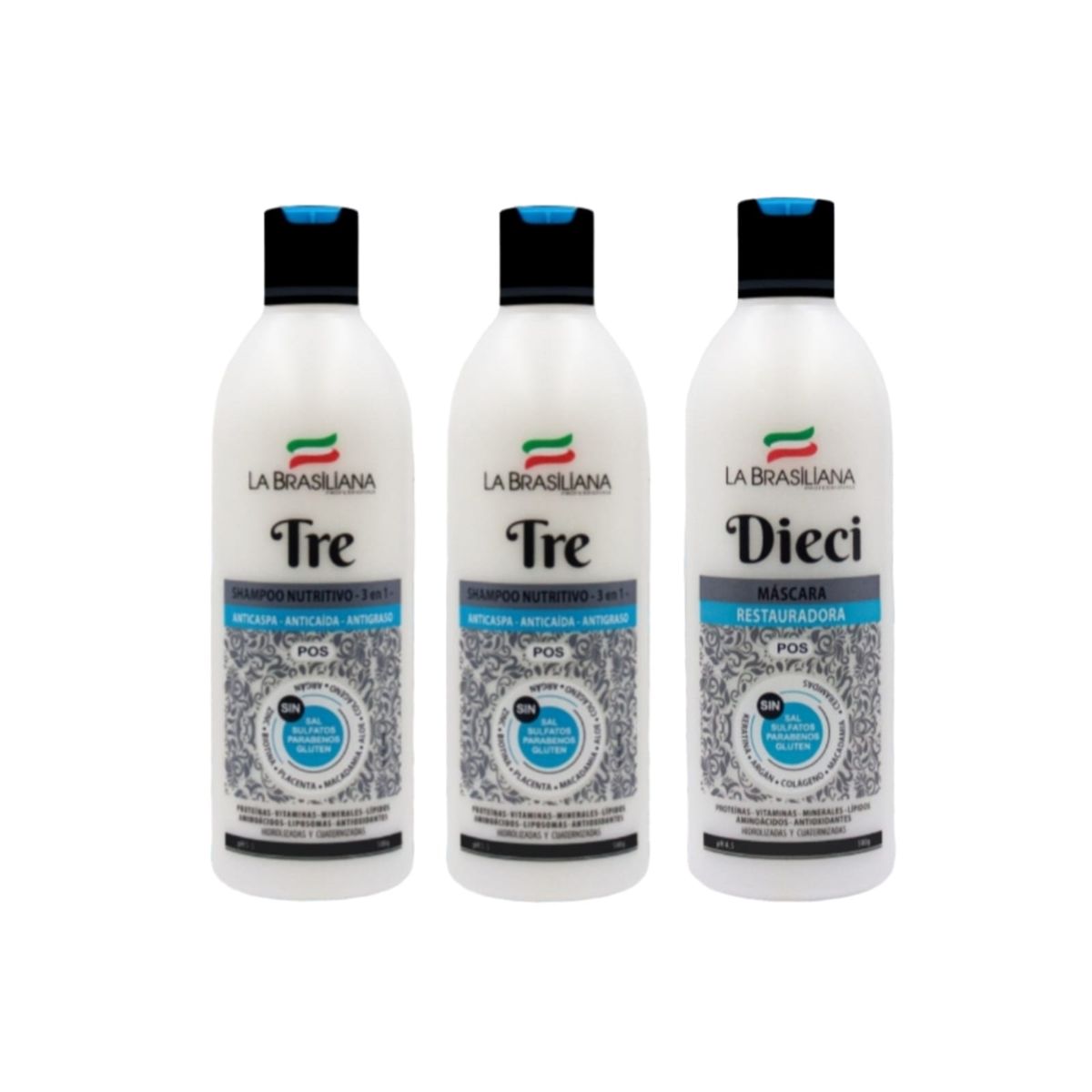 LA BRASILIANA - Pack - 2 Shampoo TRE + Mascara DIECI 500 ML. Sin SAL