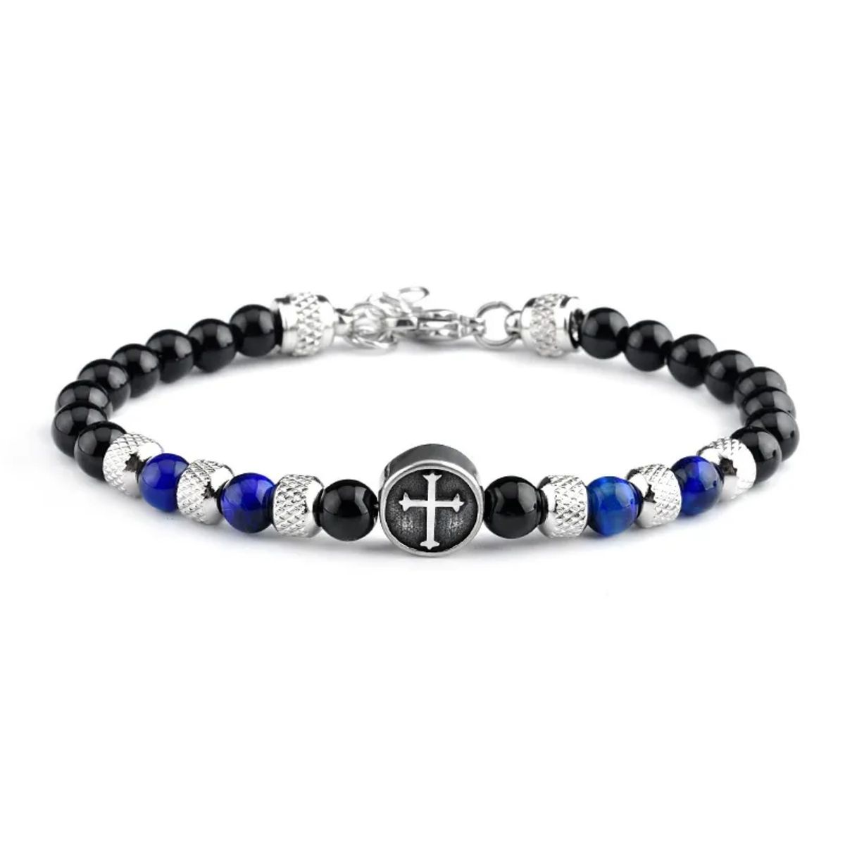 GENERICO - Pulsera de Ojo de Tigre con Logo de Cruz Brillante para Hombre