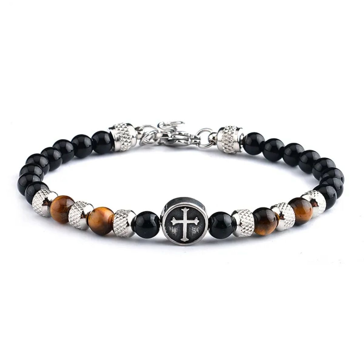 GENERICO - Pulsera de Ojo de Tigre con Logo de Cruz Brillante para Hombre