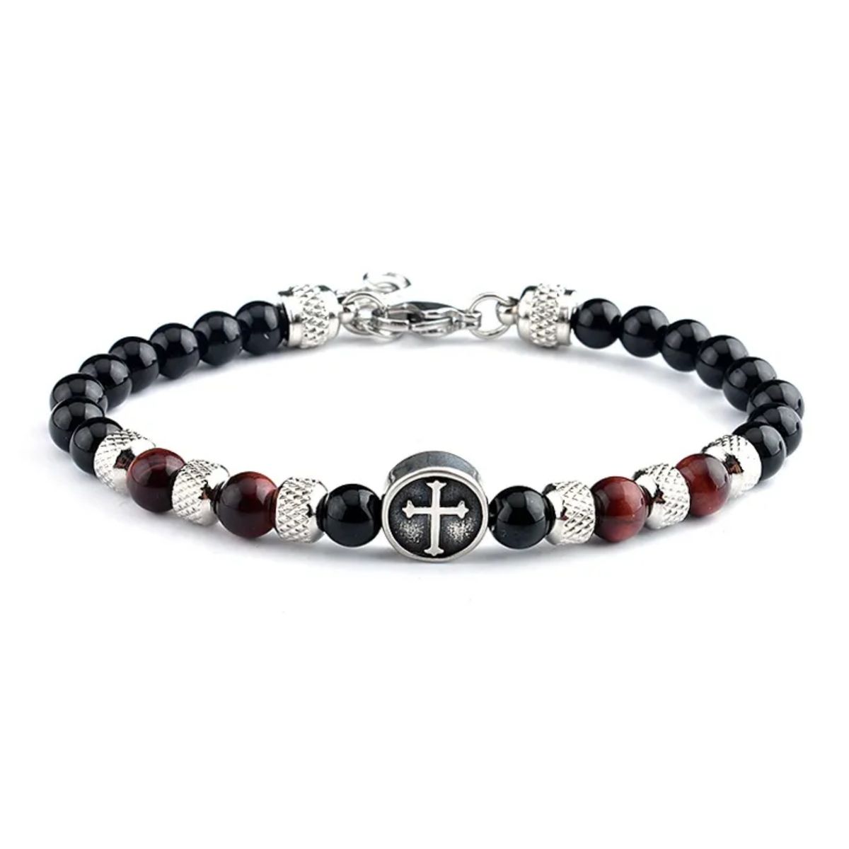 GENERICO - Pulsera de Ojo de Tigre con Logo de Cruz Brillante para Hombre