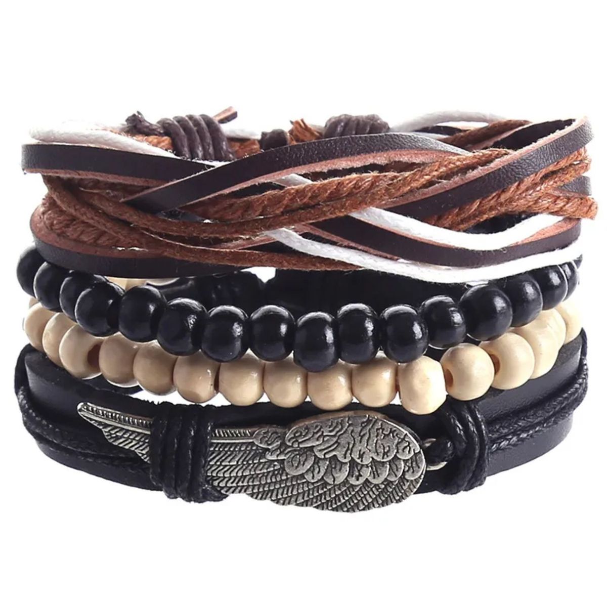 GENERICO - Set De Pulsera Retro Geométrica de Cuero y Soga para Hombre