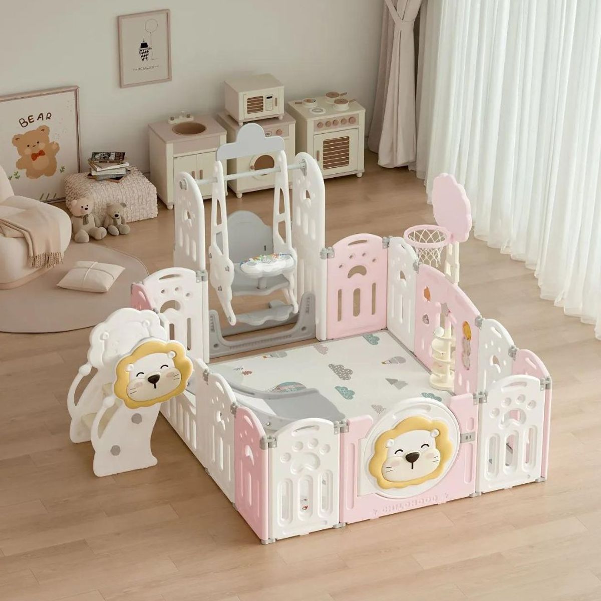 GENERICO - CORRAL PARA BEBES Y NIÑOS PLEGABLE DE LEON Premium Rosado