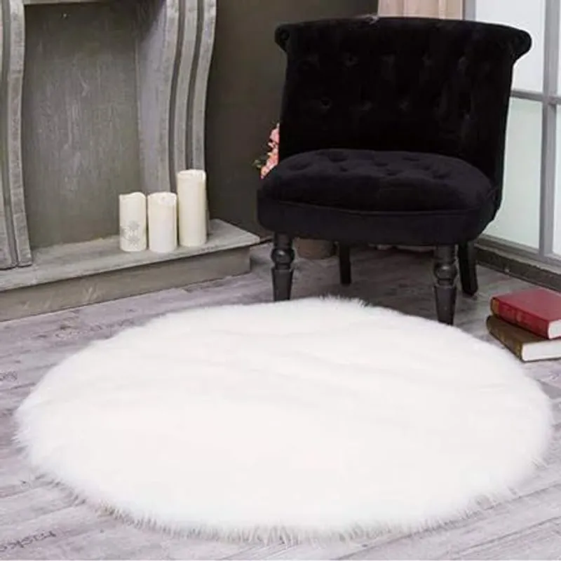 GENERICO - ALFOMBRA  CIRCULAR DE PELUCHE PELO LARGO BLANCO  150 CMx150 CM
