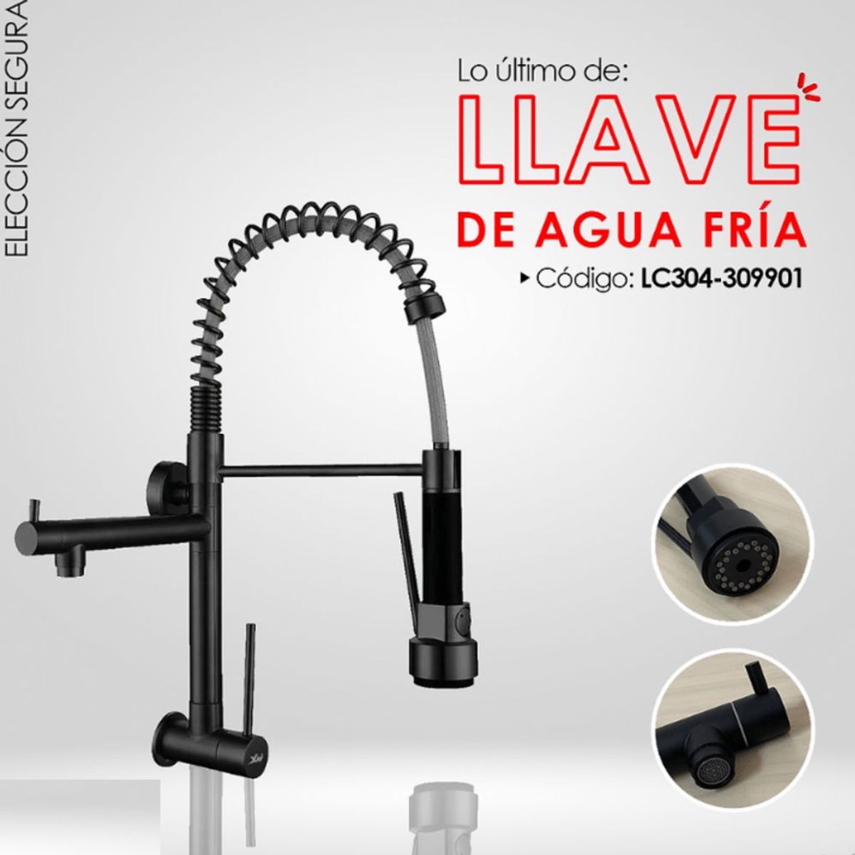 GENERICO - Llave Ganso con Resorte para Cocina Satinado Acero Inoxidable Negro