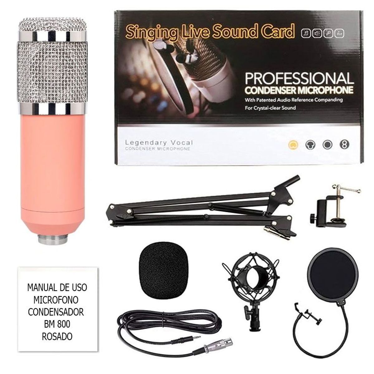 OEM - Kit Micrófono BM 800 Rosado con accesorios para estudio de grabación