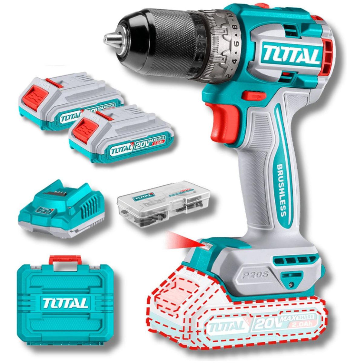 TOTAL - Taladro atornillador chuck metalico 60 Nm 20v Total