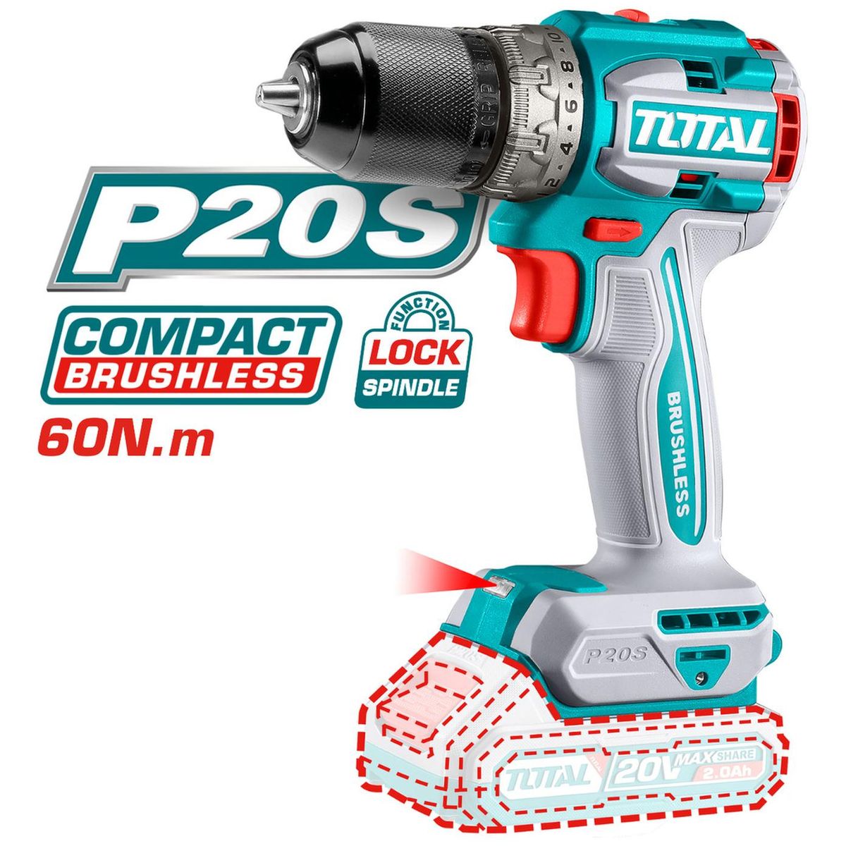 TOTAL - Taladro atornillador chuck metalico 60 Nm 20v Total