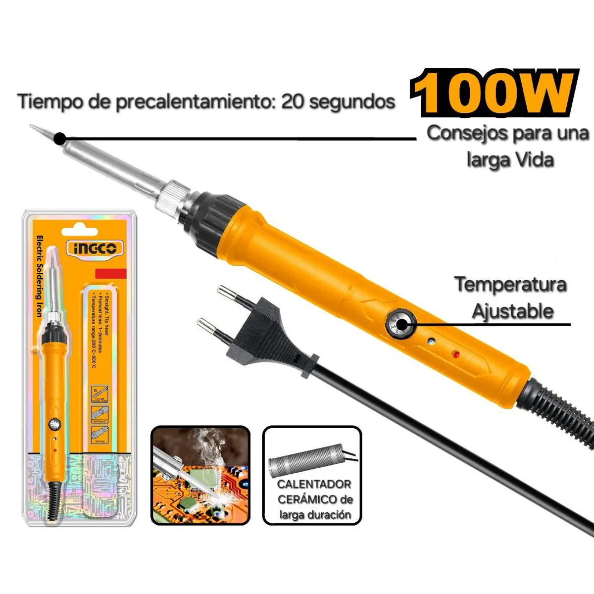 INGCO TOOLS - Soldador Cautil de Estaño 100W Temperatura Ajustable INGCO
