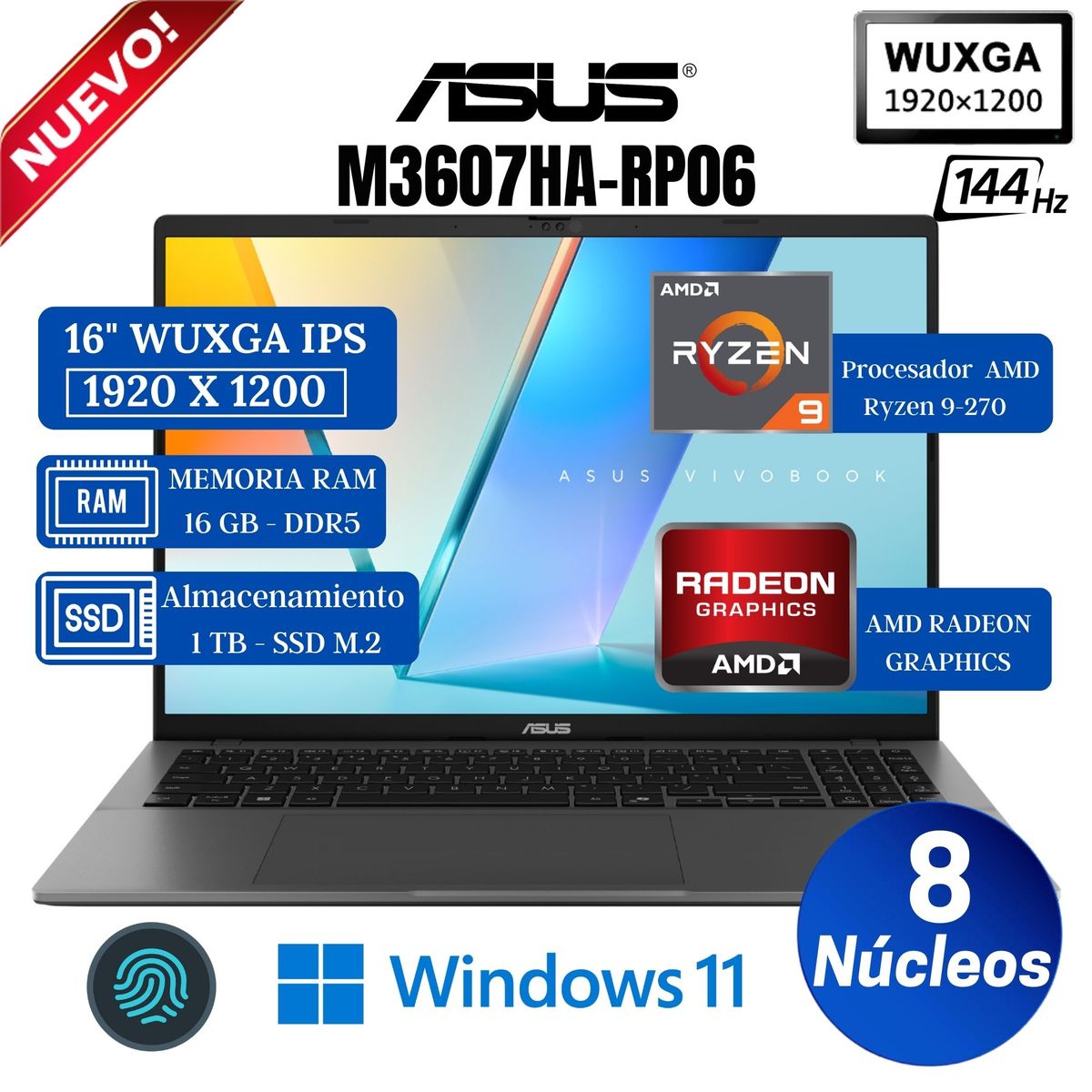 ASUS - Laptop ASUS Vivobook M3607HA-RP066 16"  WUXGA,  AMD Ryzen 9-270, Ram 16GB, Ssd 1TB, Win 11