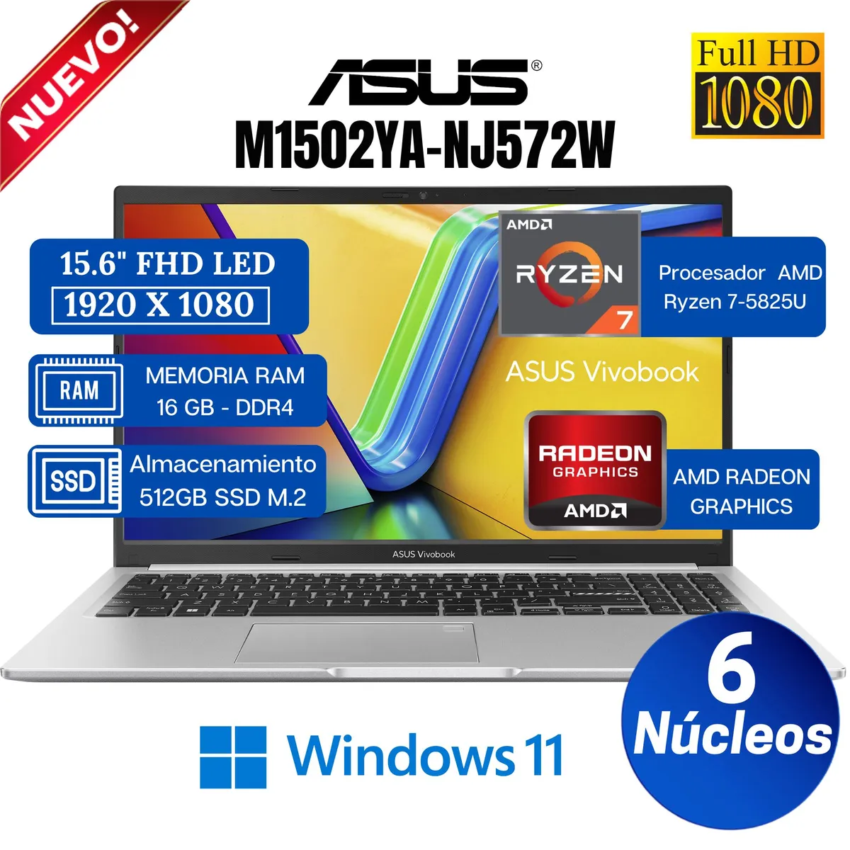 ASUS - Laptop ASUS Vivobook M1502YA-NJ572W 15.6" FHD AMD Ryzen 7-5825U, Ram 16GB, Ssd 512GB, Win 11 Home