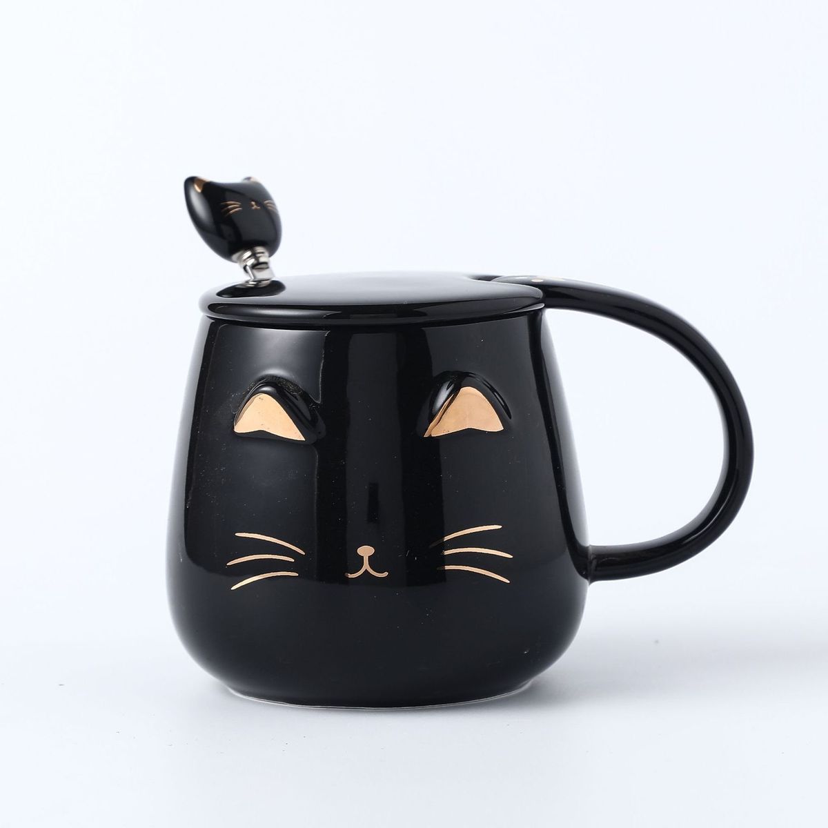 GENERICO - Taza de Cerámica Gato Negro con Tapa y Cucharita – 400 ml