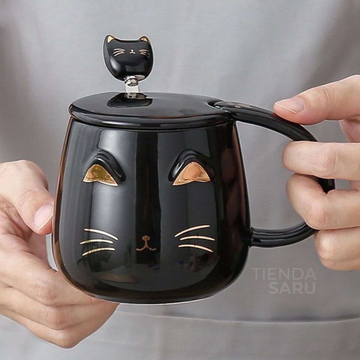 GENERICO - Taza de Cerámica Gato Negro con Tapa y Cucharita – 400 ml