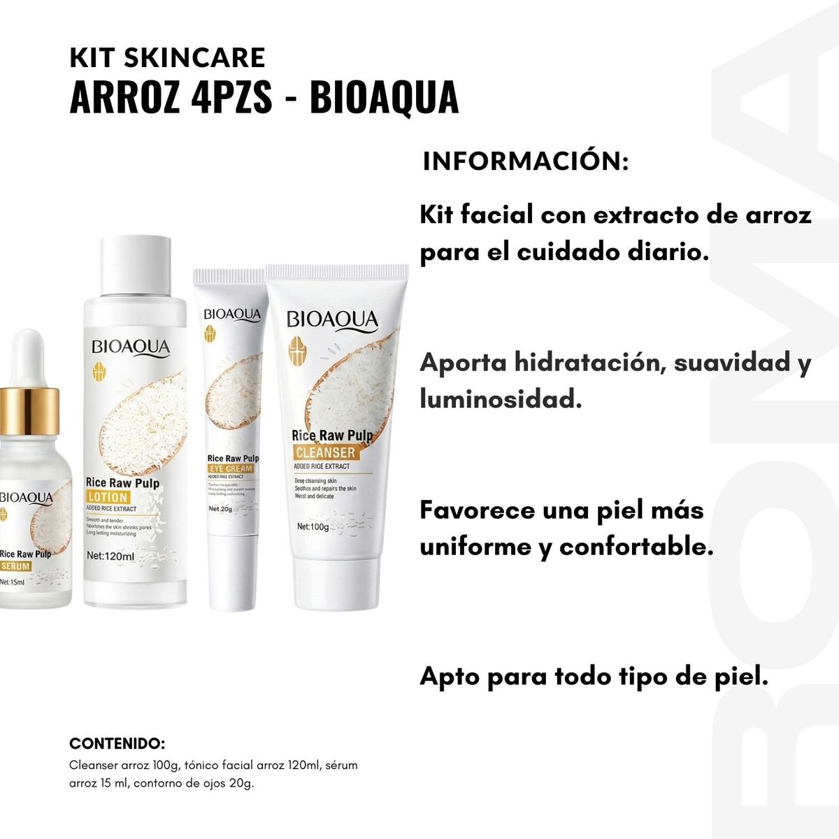 BIOAQUA - Pack Limpiador Facial + Loción + Contorno de ojos + Serum de Arroz