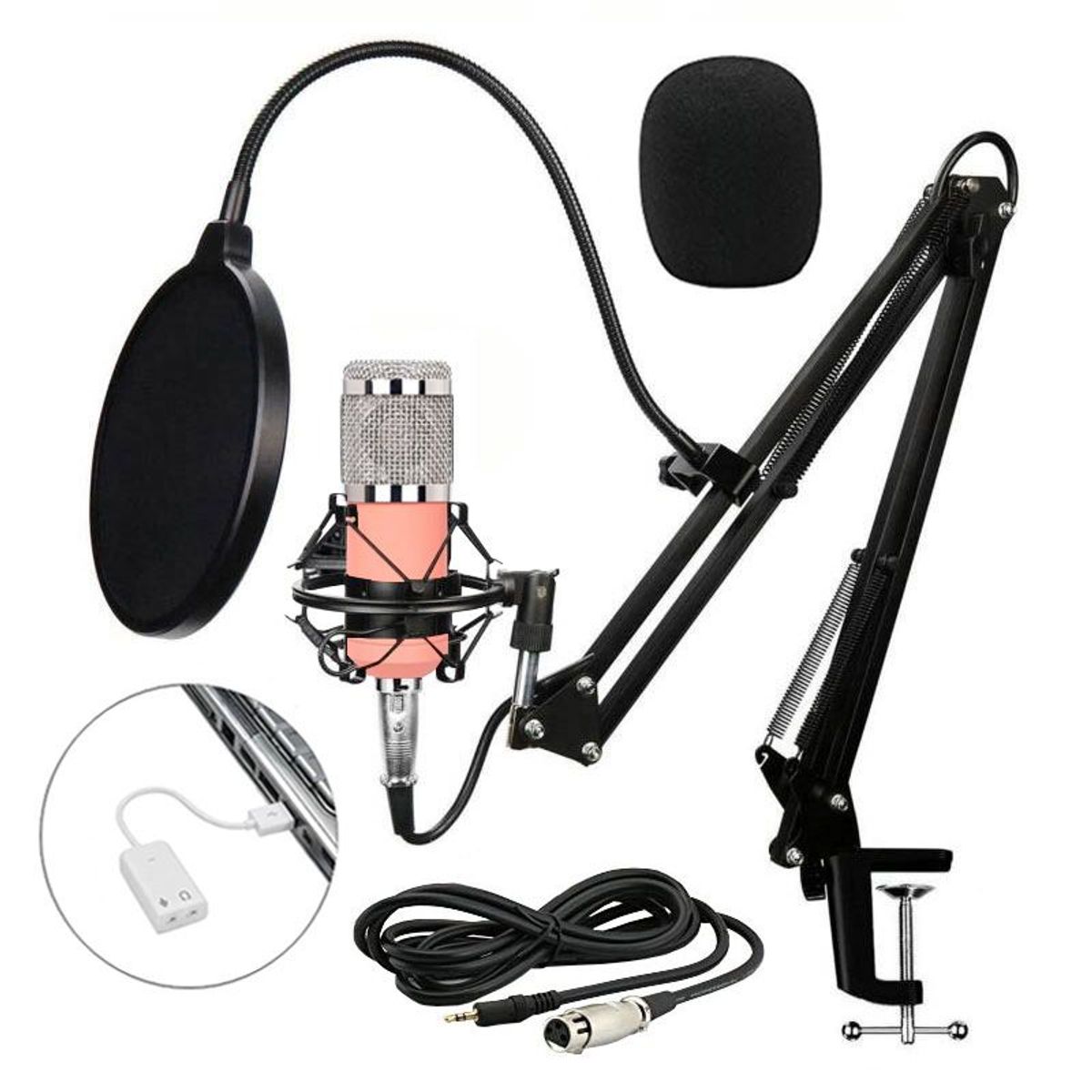 OEM - Kit Micrófono BM 800 Rosado con Adaptador de audio USB para estudio