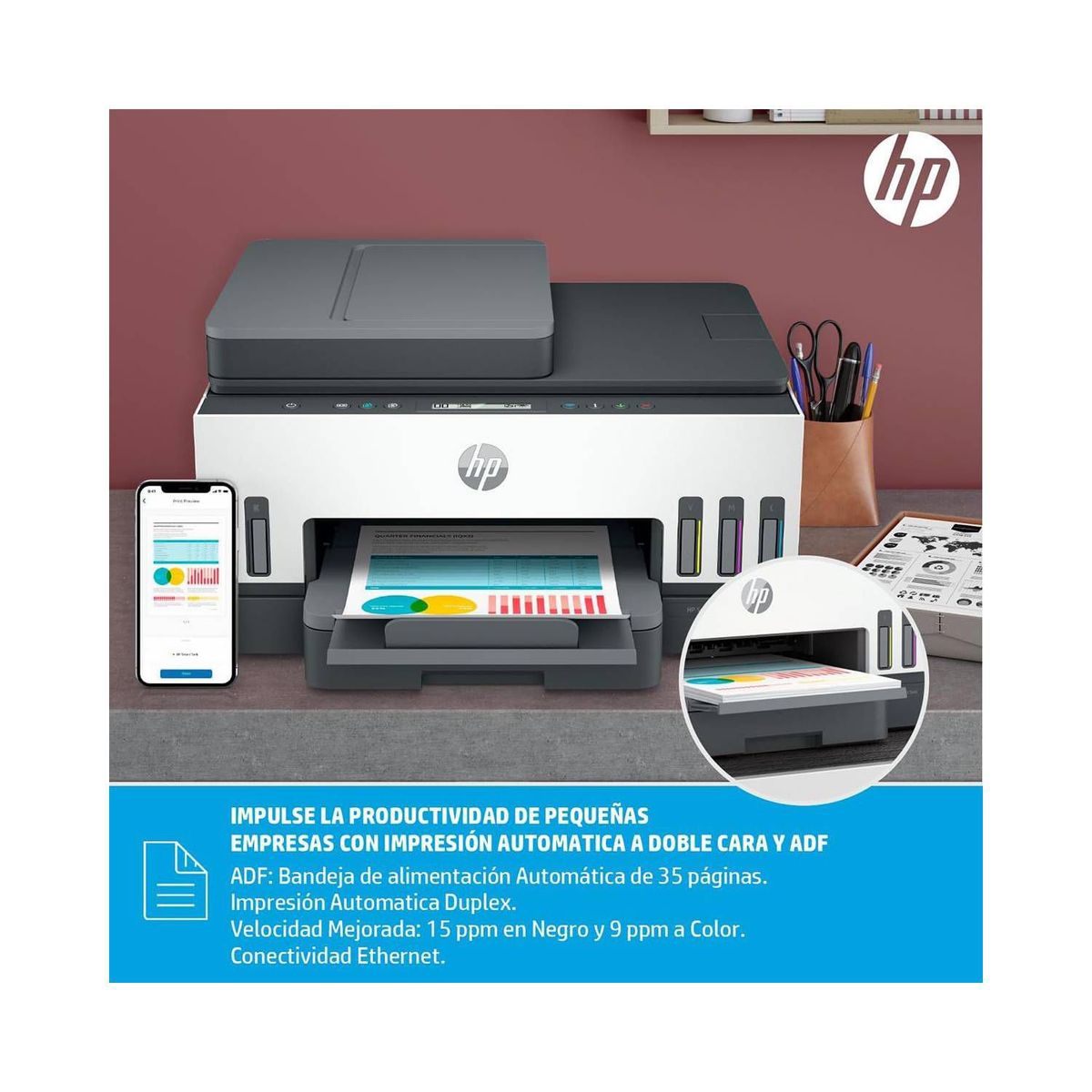 HP - Impresora HP Smart Tank 750 Multifuncional ADF Duplex Wifi