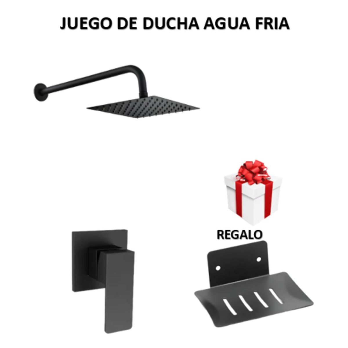 GENERICO - JUEGO DE  DUCHA  ACERO 20CM + LLAVE DE DUCHA  NEGRO  SOLO AGUA FRIA