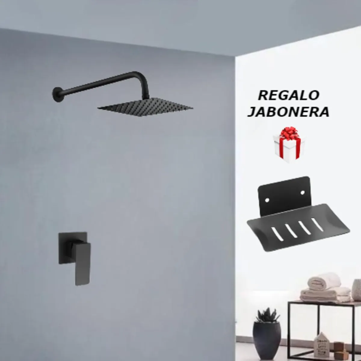 GENERICO - JUEGO DE  DUCHA  ACERO 20CM + LLAVE DE DUCHA  NEGRO  SOLO AGUA FRIA